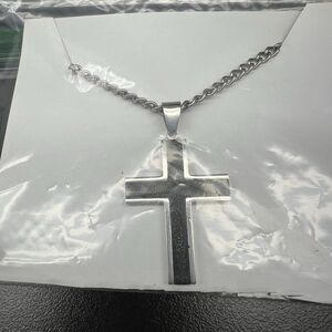 Cross Necklace- Black & Silver Tone 24” Chain- Lobster Claw Clasp